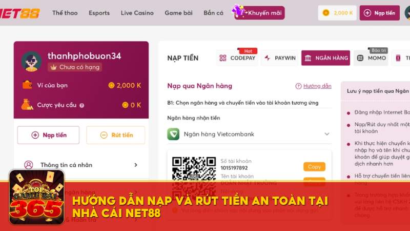 Hướng dẫn nạp và rút tiền Net88