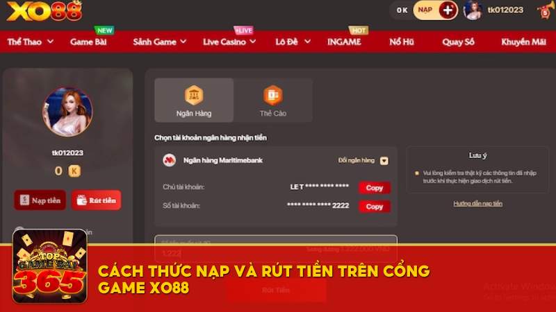 Cách thức nạp và rút tiền XO88