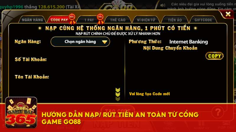 Hướng dẫn nạp/ rút tiền Go88