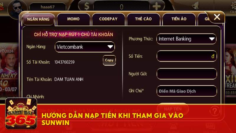 Hướng dẫn nạp tiền Sunwin