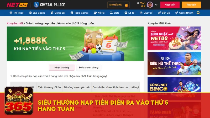 Siêu thưởng nạp tiền diễn ra vào Thứ 5 hàng tuần