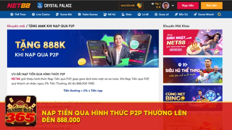 Khuyến mãi game bài Net88 - Nạp tiền qua hình thức P2P thưởng lên đến 888,000