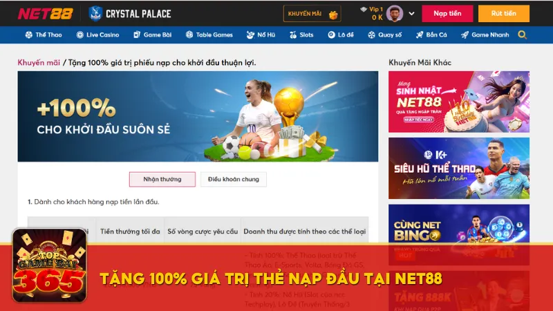 Tặng 100% giá trị thẻ nạp đầu tại Net88