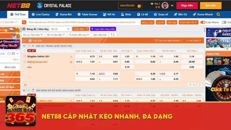 Tỷ lệ kèo Net88 đa dạng, chất lượng và cạnh tranh